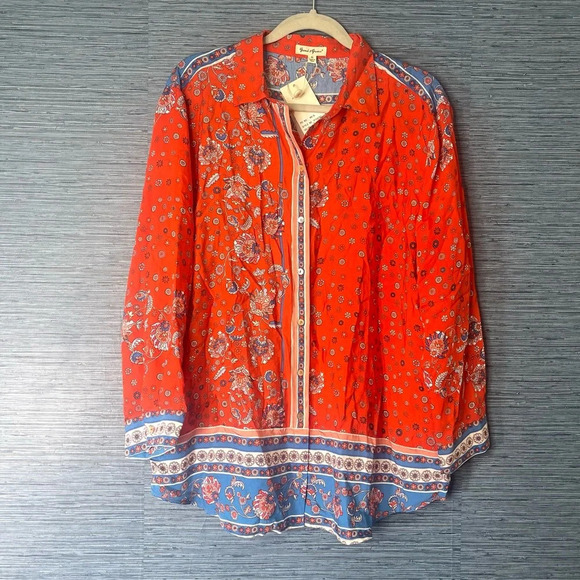 NWT Grand & Greene Red Flower Blue Print Blouse - Size XL - Picture 1 of 7